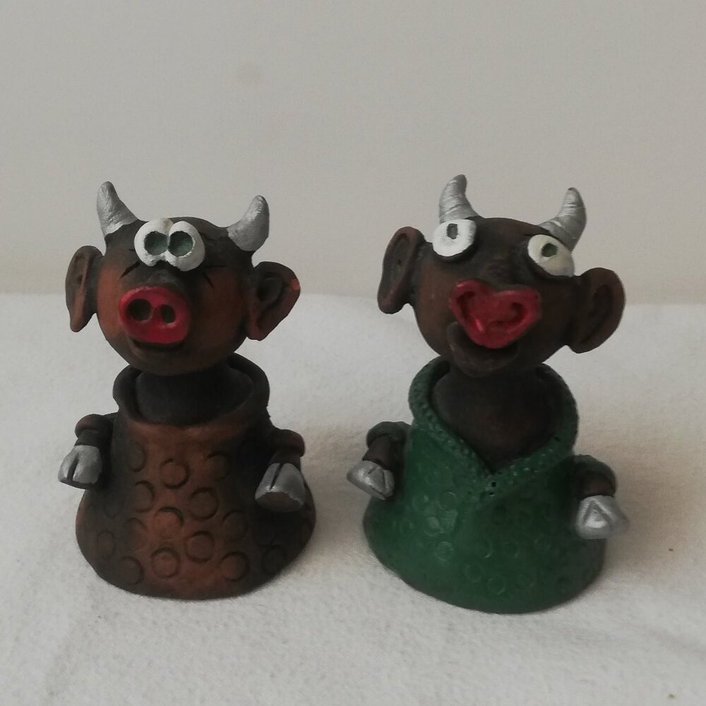 Vintage Handmade Terracotta Bull Bells – Folk Art Clay Figures (Set of 2)